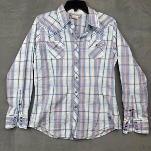 Ariat Womens M Medium Plaid Button Down Shirt Blue Pink White Metallic Western